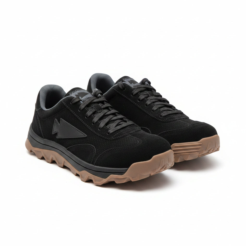 Mackall 45 Black + Gum product display showing black suede and tan rubber