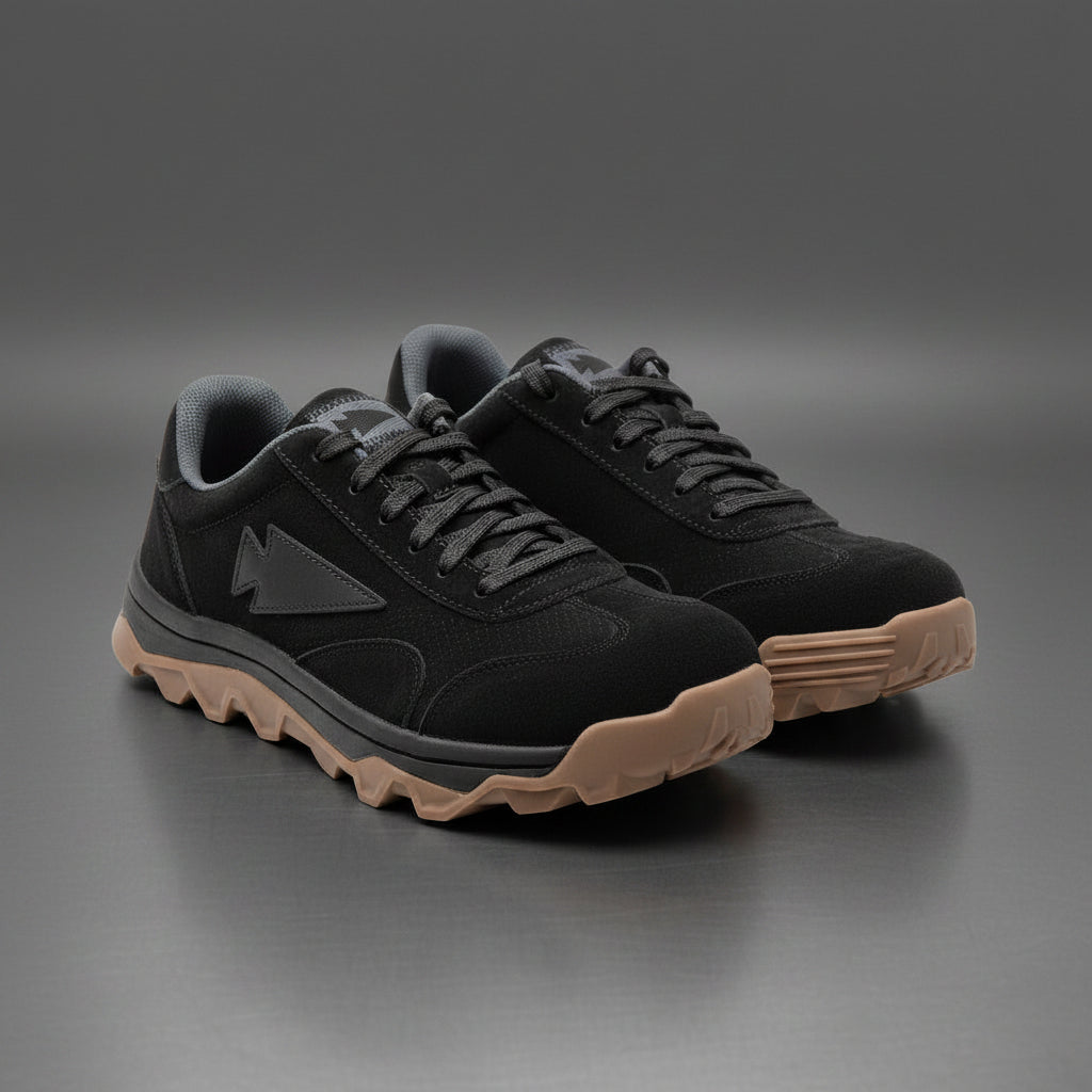 Mackall 45 Black + Gum product display showing black suede and tan rubber