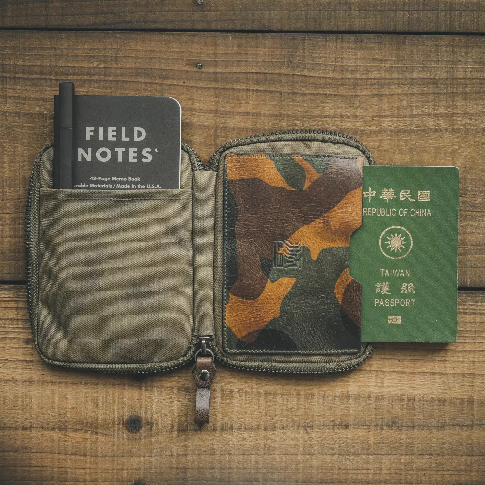 Woodland Camo Leather Passport Pouch / Travel Folio - Storming Gravity