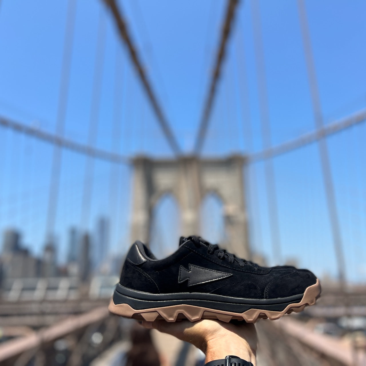 Mackall 45 Black + Gum shoe with the Brooklyn Bridge in the background