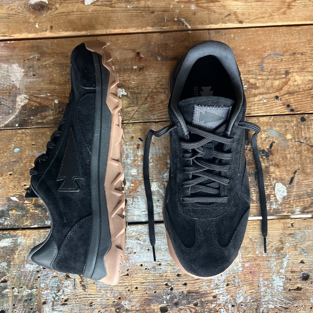 GORUCK Mackall 45 Black + Gum rucking shoes with black suede uppers and gum soles