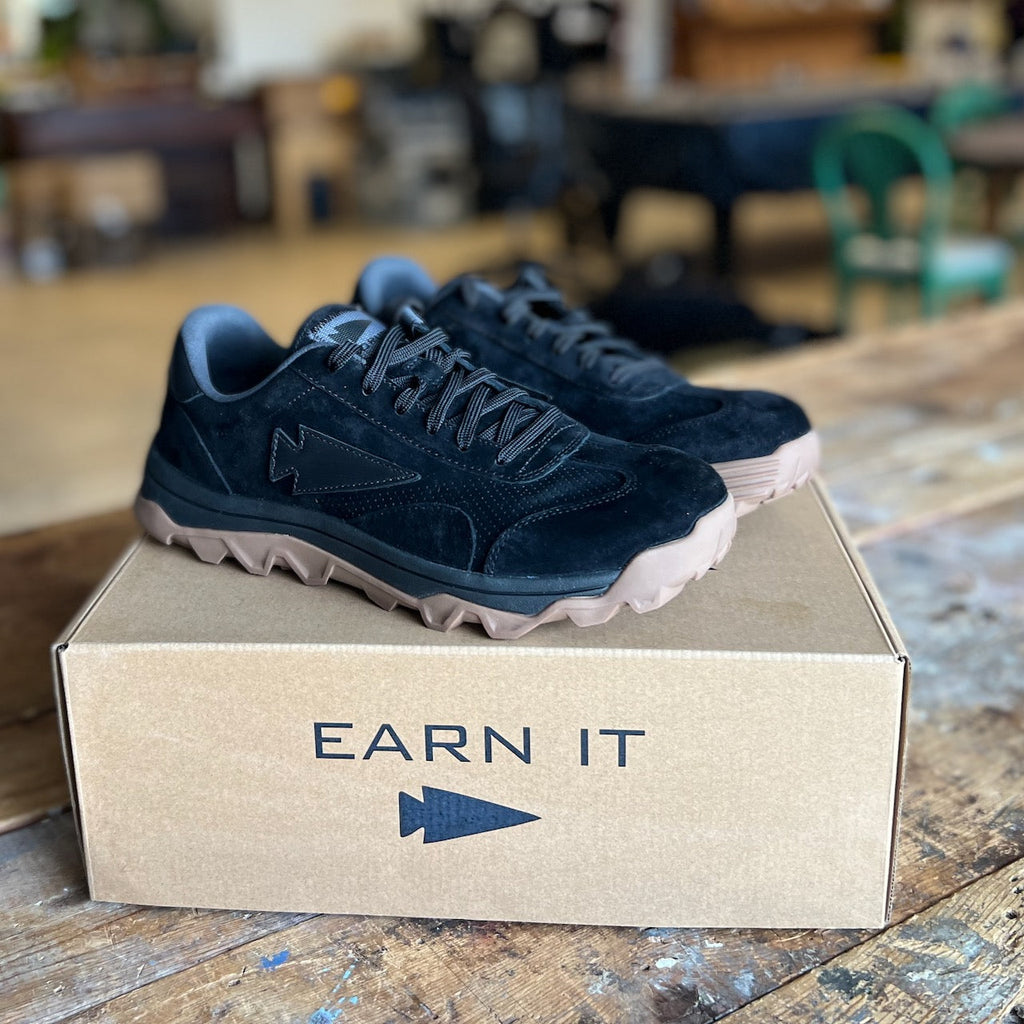Mackall 45 Black + Gum product display showing black suede and tan rubber