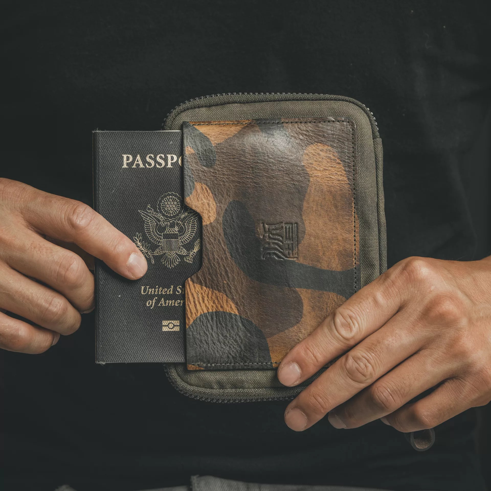 Woodland Camo Leather Passport Pouch / Travel Folio - Storming Gravity